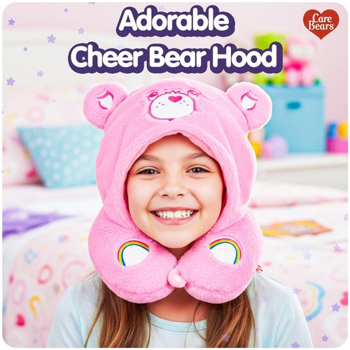 Care Bears - Cheer Bear Snuggle Hood, Travel Pillow with Hood, Soft Plush Neck Support, Lightweight, Comfortable and Breathable, Airplane, Care and Train Travel - Pink