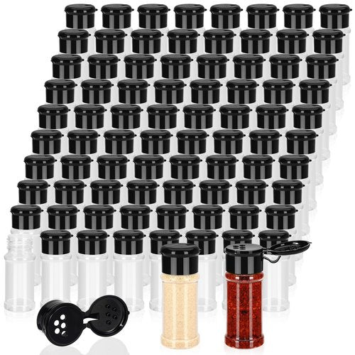 Amyhill 100 Pcs Plastic Spice Bottles Spice Jars with Black Cap Seasoning Jars Shaker 2 Oz/ 60ml Clear Bottle Containers with Shaker Lids for Storing Herbs and Seasoning Powders
