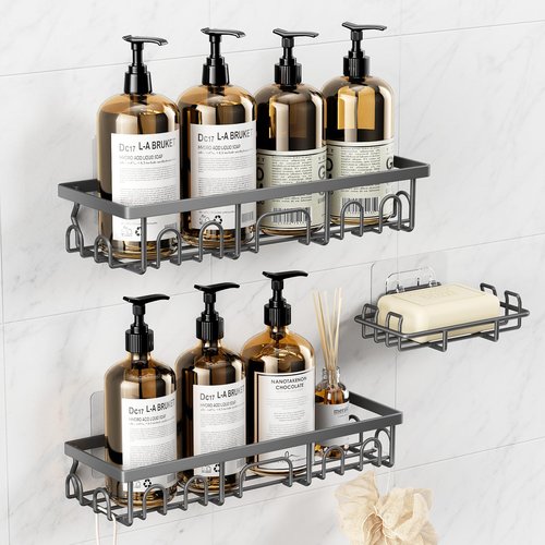 Deyhoc Shower Caddy, 3 Pack Shower Shelves for Inside Bathroom, Rustproof Adhesive Bathroom Organizer with Soap Holder, No Drilling Washroom Organizers and Storage for Bathtub Room/Kitchen/Home, Grey