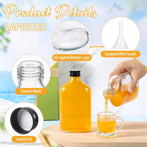 Gejoy 24 Pcs Mini Liquor Bottles Reusable Glass Flask Bottles with Black Caps Clear Empty Alcohol Shot Jars Small Champagne Jars with 4 Funnels for Wine Weddings Party Favors Christmas (8.5 oz)