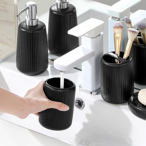 vancasso Ceramic Bathroom Accessories Set 4 Piece, Soap Dispenser with Stainless Steel Pump, Toothbrush Holder, Tumbler and Soap Dish, Modern Relief Design, Bathroom Decor Organizer, Black