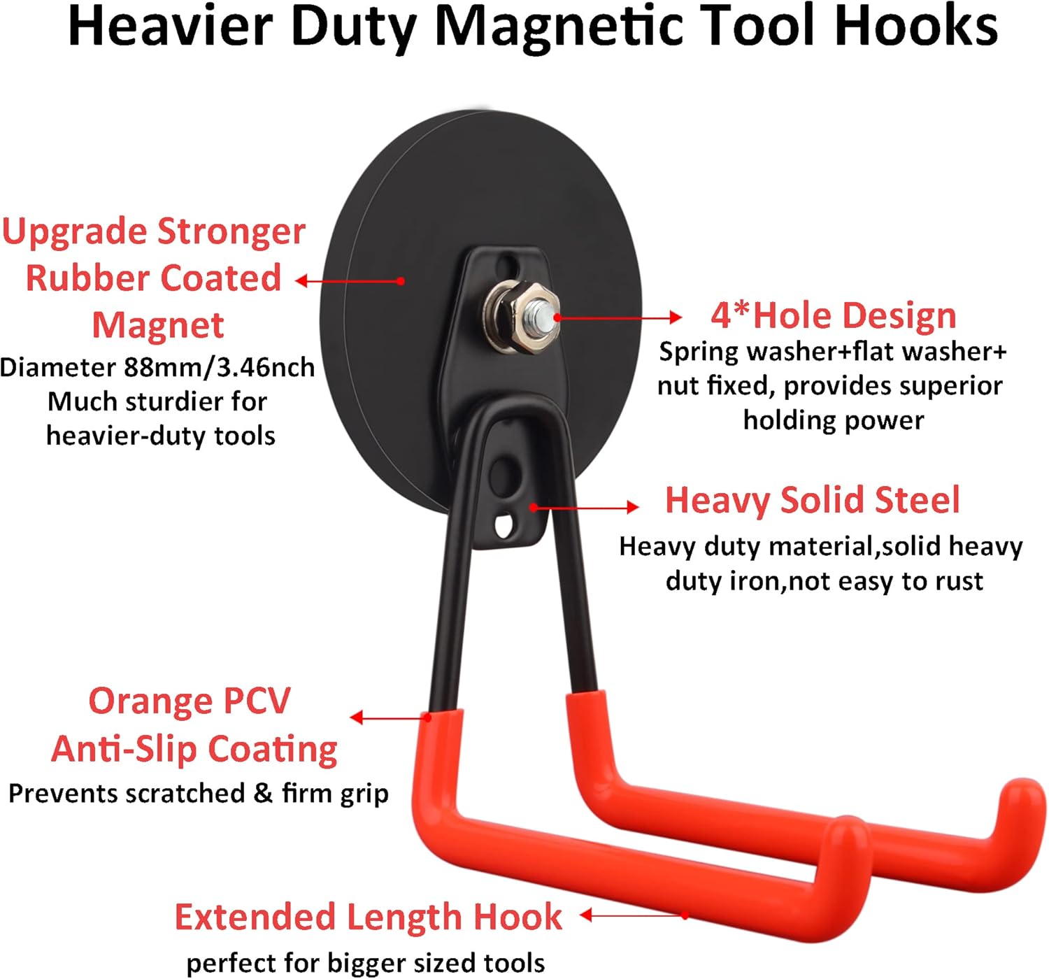 ULIBERMAGNET Heavy Duty Magnetic Hooks - Large Tool Organizers for Workshop | 3.46 Inch, Orange, 2 Pack