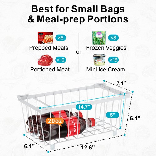 iSPECLE Chest Freezer Organizer Bins - Fits 7 Cu.Ft Deep Freezer, 6 Pack Stackable Wire Baskets(14.7" Length), Heavy Duty Coated Freezer Organizer, Rust Resistant for Frozen Food Sorting, White