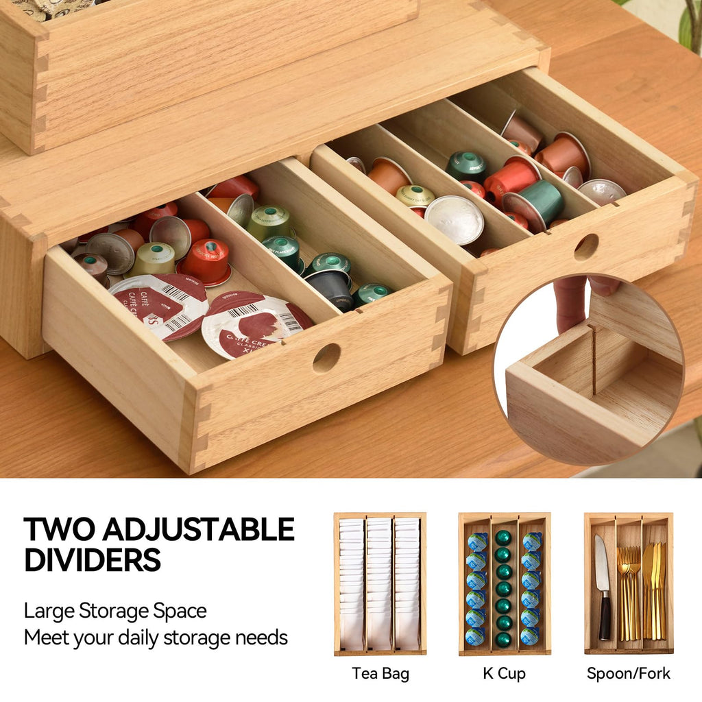 KIRIGEN Wooden Coffee Station Organizer 2-Piece Set - Coffee Bar Storage with Drawers for Sugar, Tea - Coffee Pod Holder and Accessories Organizer for Kitchen Counter Nature KFJTZ-NA