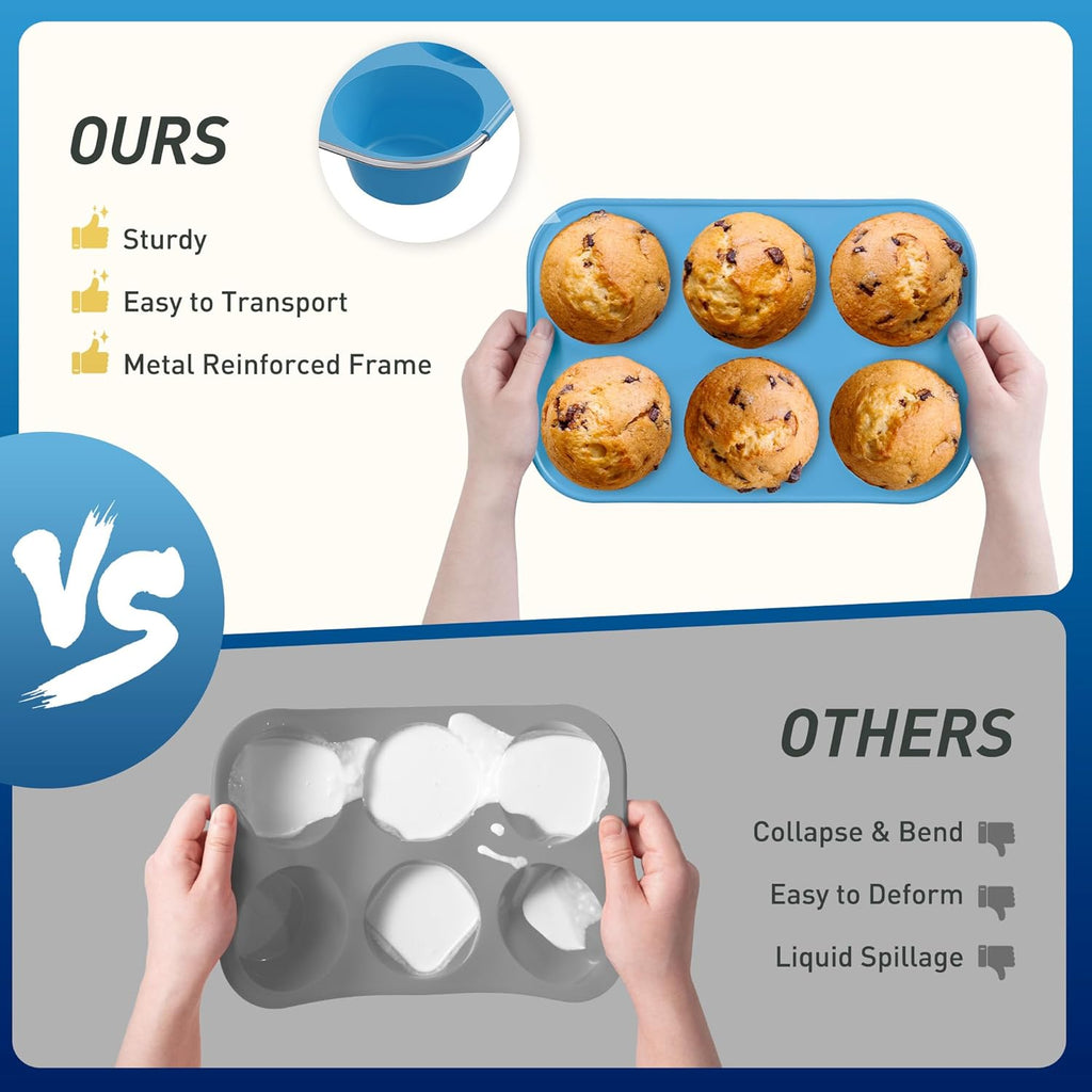 Skiennix Jumbo Muffin Pan - 2 Pack Silicone Molds with Metal Reinforced Frame | Oven Safe, Non-Toxic