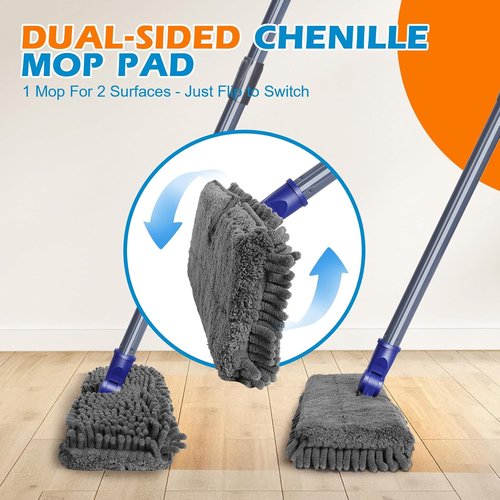 Masthome Flat Dust Mop - 2-Sided Microfiber Mop with 4 Reusable Pads for Wet & Dry Cleaning | Ideal for Hardwood, Tile & Vinyl