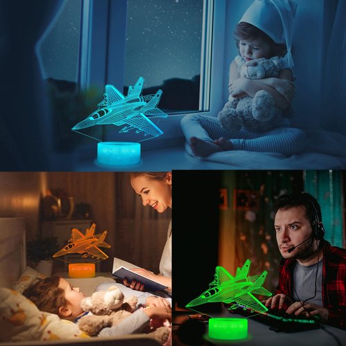 POSSHE Warplane Night Light, Airplane Gifts, Aviation 3D Illusion Night Light with 16 Colors Changing, Remote Control with Timer, Fighter Kids Room Decoration for Holiday Birthday Christmas