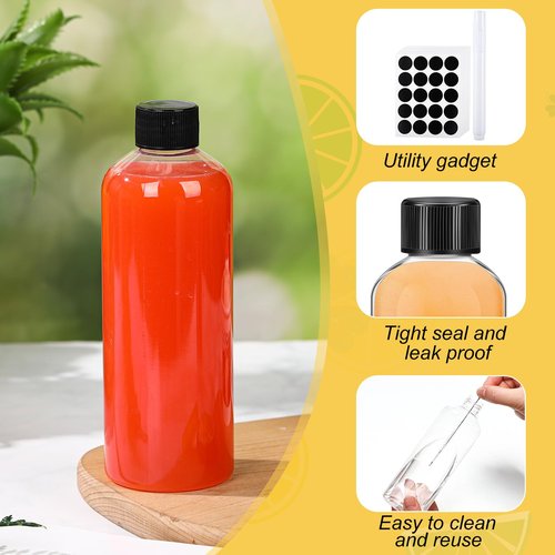 Dandat 100 Pcs Plastic Juice Bottles with Caps Clear Shot Bottles Bulk Empty Reusable Clear Beverage Containers with Lids, Label, Pen for Milk, Drinking, Potion, Ginger Shots, Whiskey(10 oz)