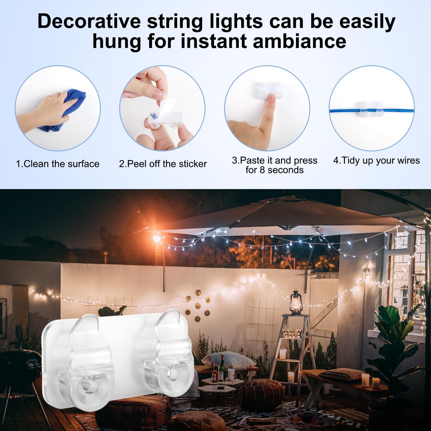 Outdoor Light Clips - 50 Heavy-Duty Waterproof Adhesive Clips for Hanging LED Lights | Perfect for Weddings & Patios