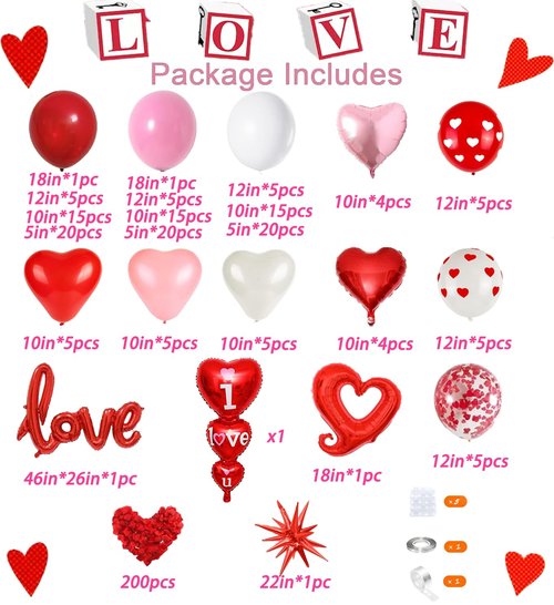 172pcs Valentines Balloon Arch Garland Kit with Pink White Red Confetti Heart shape Balloons I Love You Foil Balloons Explosion Star Balloons Rose Petals for Anniversary Wedding Romantic Decorations