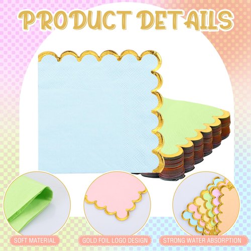 Layhit 150 Pack Pastel Napkins Scalloped Tea Party Napkins with Gold Foil Disposable Ice Cream Party Supplies for Dinner Birthday Wedding Cocktail Beverage Festival(Rainbow Color)