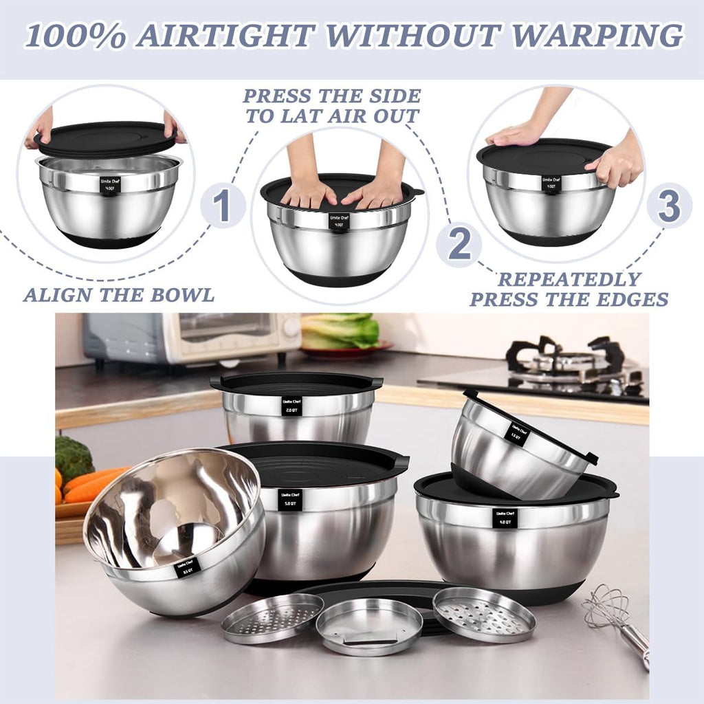 Umite Chef Mixing Bowls - 8PCS Stainless Steel Set with Airtight Lids & Non-Slip Bottoms | Black, 1.5QT to 5QT