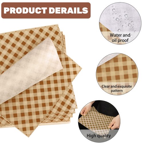 100 PCS Deli Paper Sheets, 12"x12" Wax Paper Sheets for Food, Checkered Sandwich Wrapping Grease Resistant, Food Basket Tray Liners Wrappers for Burger, Bread，Lunch, Party, Festival, Picnic, BBQ