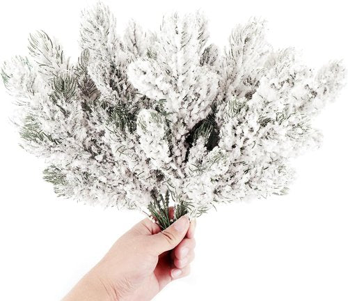 Kesywale Frosted Artificial Pine Needles - 10PCS 10.6" Snowy Pine Picks for Christmas Tree Decor