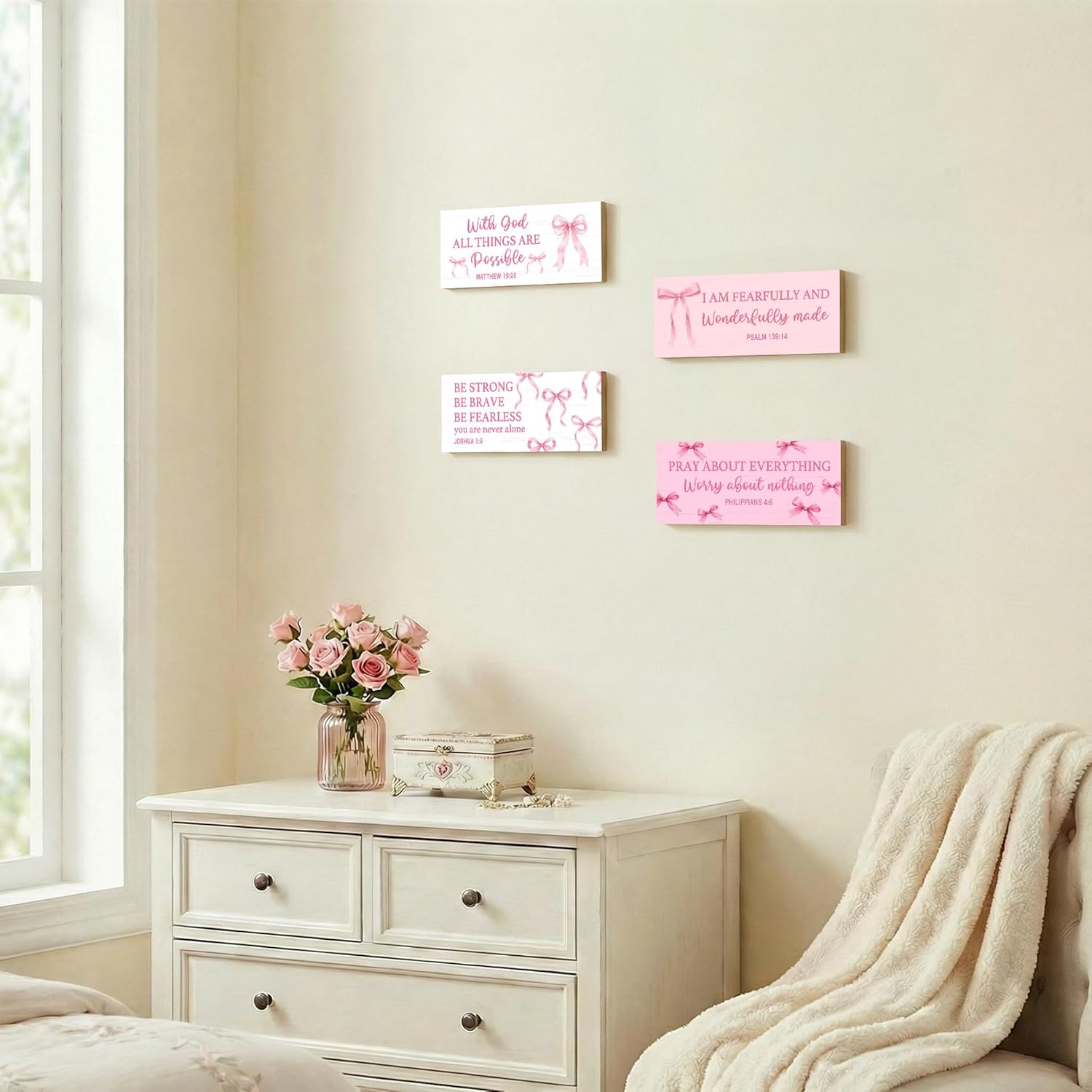 Skiennix Pink Bow Coquette Wooden Wall Decor - Inspirational Christian Art for Nursery & Bedroom