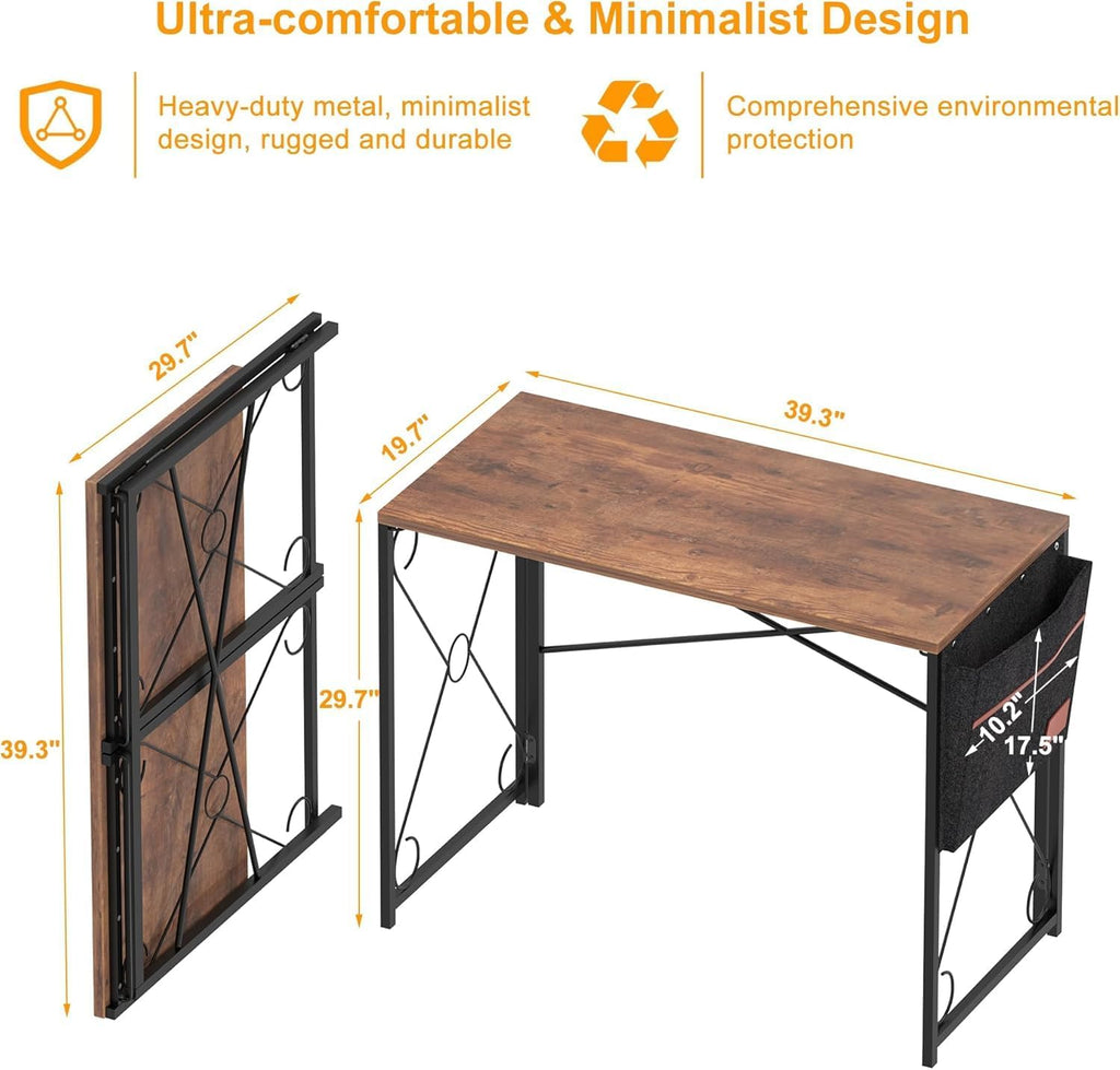 VECELO 39 Inch Folding Desk - Simple Assembly Writing Computer Desk for Home Office | Classic Brown