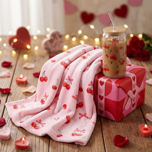 Yetene Pink Cherry Bow Party Favor Include Glass Cup and Blanket Set Pink and Red Cherry Stuff for Women Cute Birthday Gift for Women Sister Her Home Bedroom Sofa Decor Galentines Day Favors