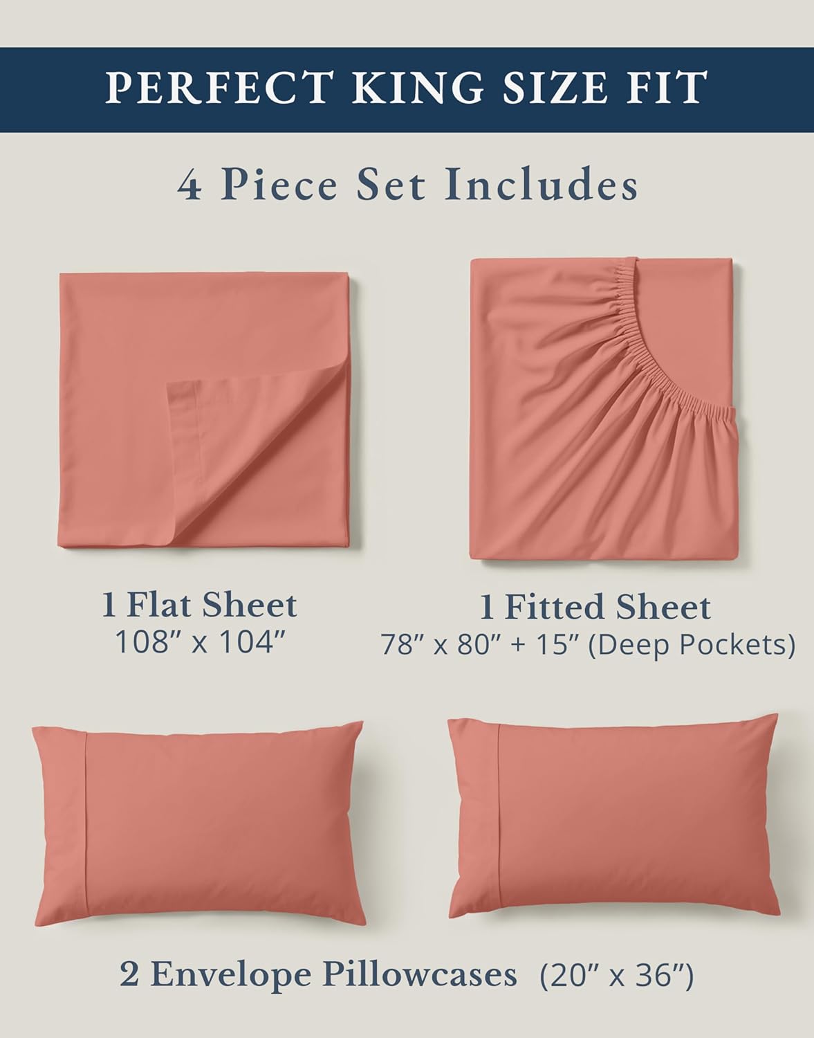 **LANE LINEN 100% Organic Cotton King Sheet Set - Fully Elasticized, Fade Resistant & Naturally Cooling - Rose Dawn**