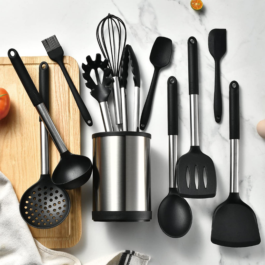 Keidason Kitchen Cooking Utensils Set, 12-piece Non-stick Kitchen Silicone Utensils Set Heat-resistant Stainless Steel Handle,BPA-Free, Kitchen Tool Set (Black)