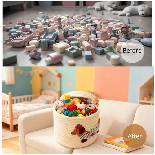 Cute Dog Cotton Rope Storage Basket with Lid, 10"×10"×9" Woven Storage Bin, Large Capacity Dustproof Toy Organizer, Decorative Laundry Hamper for Living Room, Nursery, Kids Room (Small)