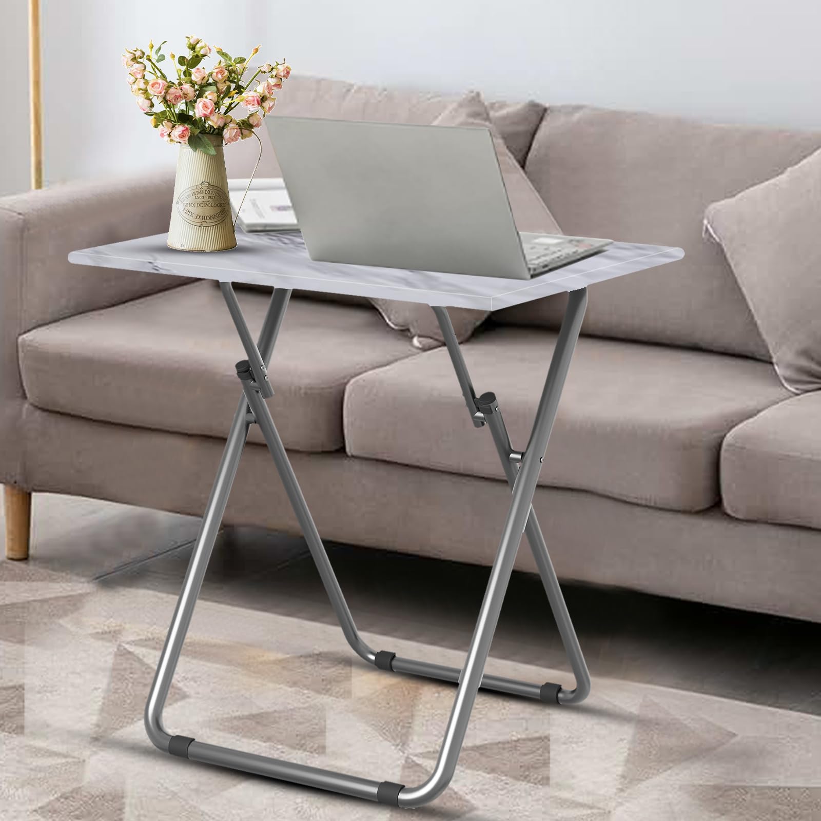 Large Tv Trays, Folding Tray Table, Foldable Dinner Table for Eating with Required&Sturdy, Foldable Snack Tables with Sturdy MDF Top,Portable Laptop Stand,No Assembly ,27.3*19in(White Marble)