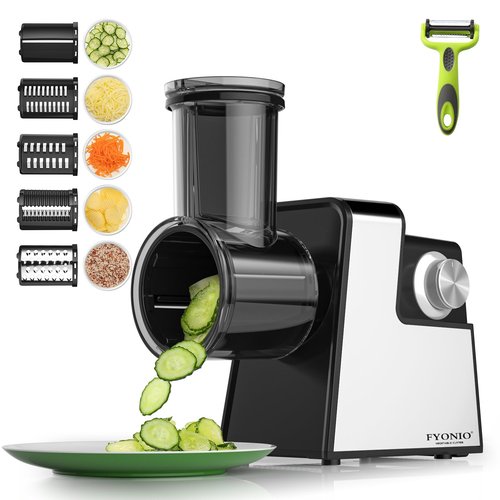 FYONIO Electric Cheese Grater, 5 in 1 Salad Maker with Stainless Steel Blades, 250W Electric Food Slicer & Shredder, Electric Salad Machine for Cheeses, Fruits, Potatoes, Carrots
