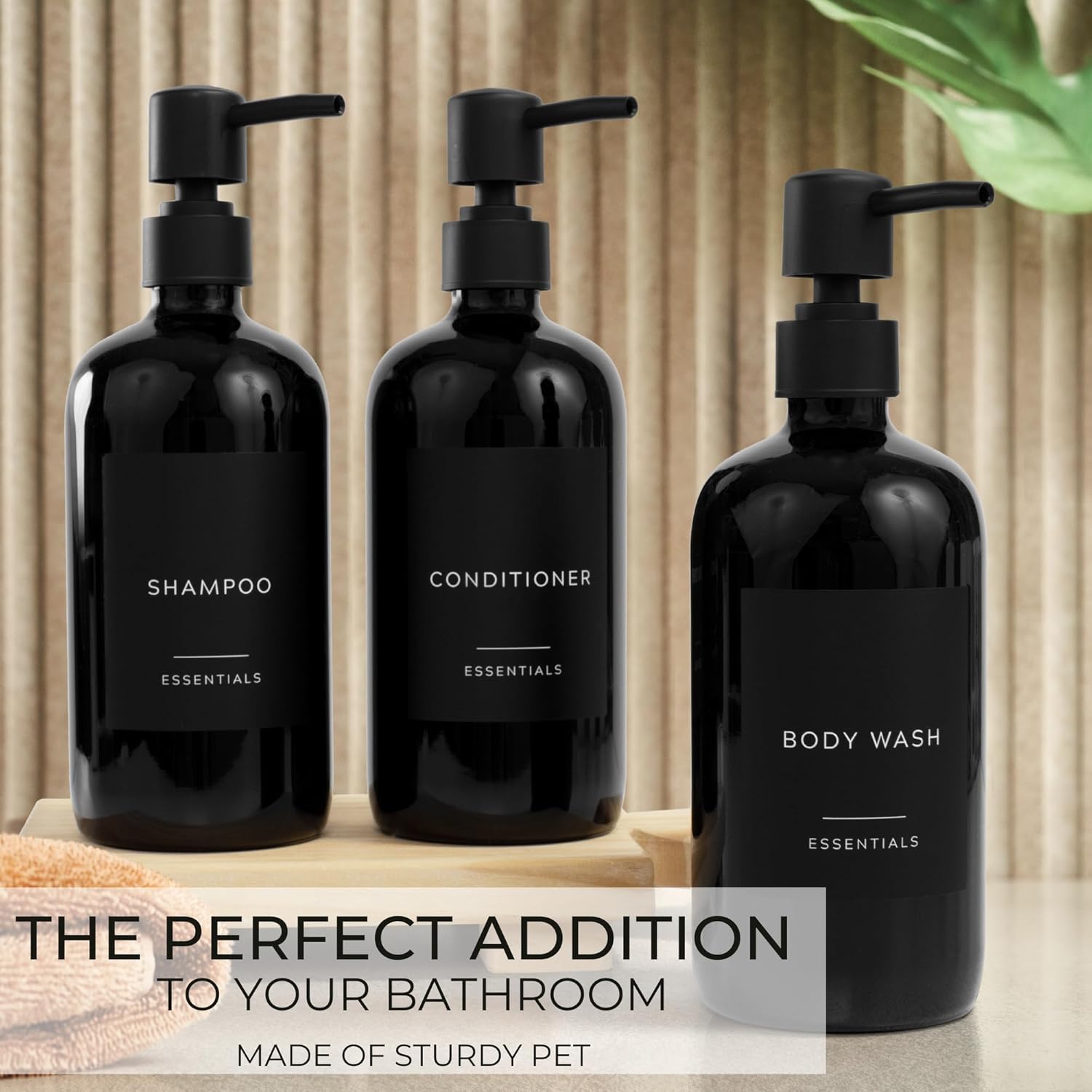 Stylish Shampoo & Conditioner Dispenser Set - Modern 21oz Pump Bottles with Labels | Easy Refill for Bathroom Decor - Black