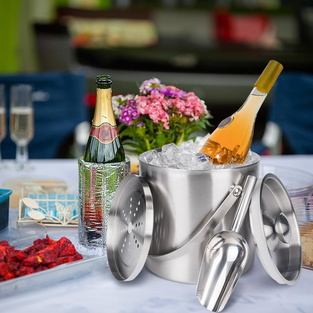 3L Double-Wall Insulated Stainless Steel Ice Bucket with scoop for Cocktail Bar - Metal Ice Bucket for freezer with Lid for parties, Camping,and More!champagne bucket,bar cart accessories (silver)