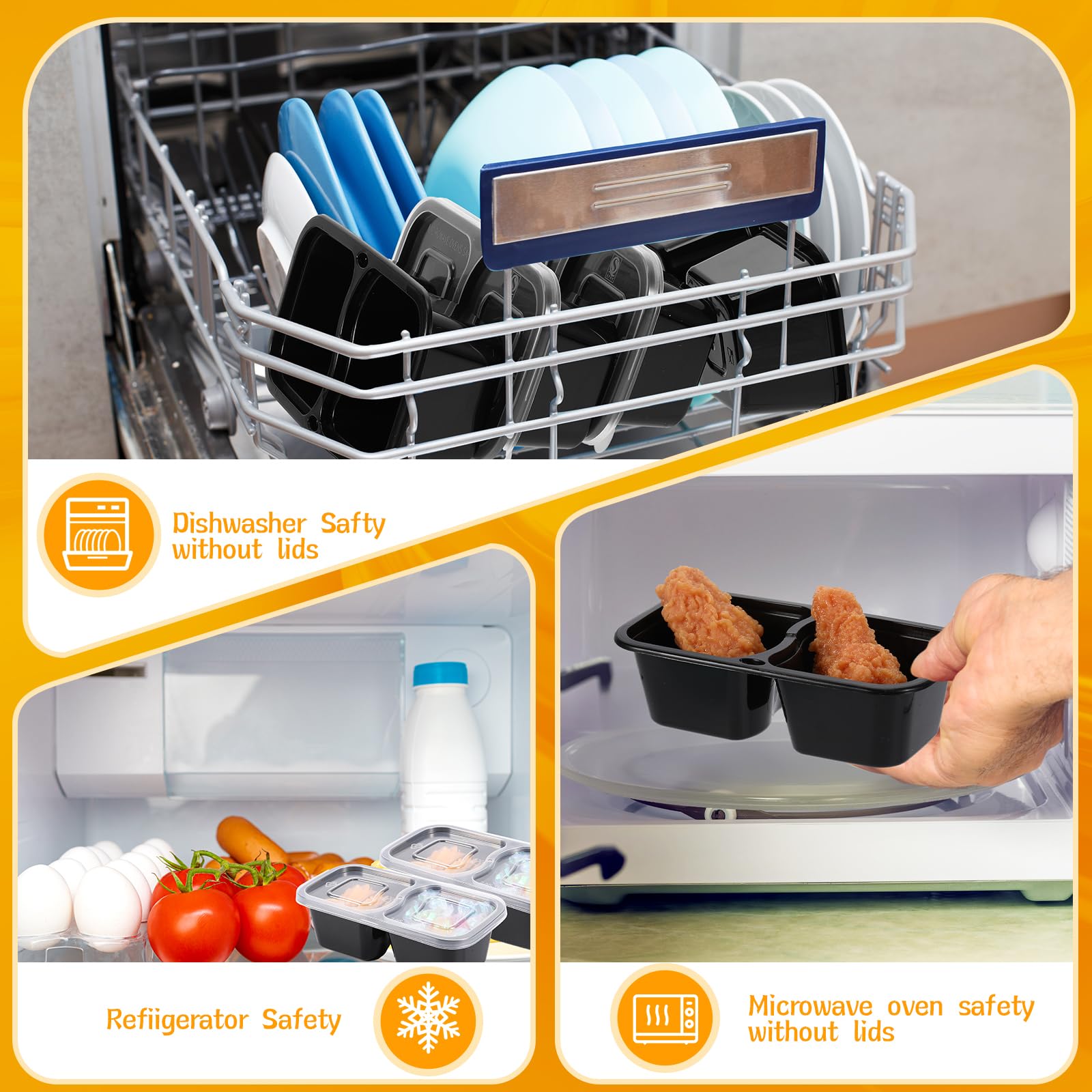 Teenyyou 20 Sets Reusable Snack Containers with Lids & Spoons Double Compartment Snack Containers for School Office Lunch Take Out Sauces Dips Microwave Safe (Black,Clear)