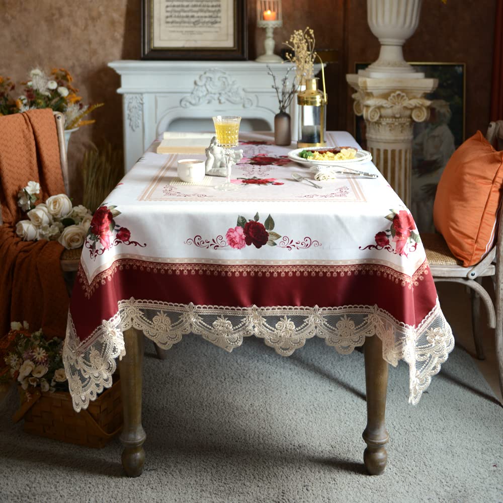 SUTAVIA Lace Embroidered Table Cloth,Rectangular Farmhouse TableCover,Classic Oblong Antique Flower Decor Macrame Tablecloth (Burgundy, Rectangle/Oblong,60 x 120 Inch,10-12 Seats)