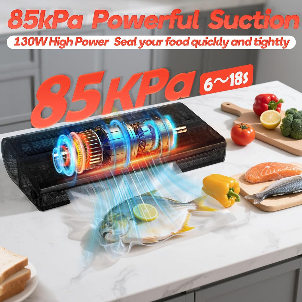 Vacuum Sealer Machine - 85Kpa Food Vacuum Sealer with Built-In Cutter & Storage Bags | Complete Starter Kit
