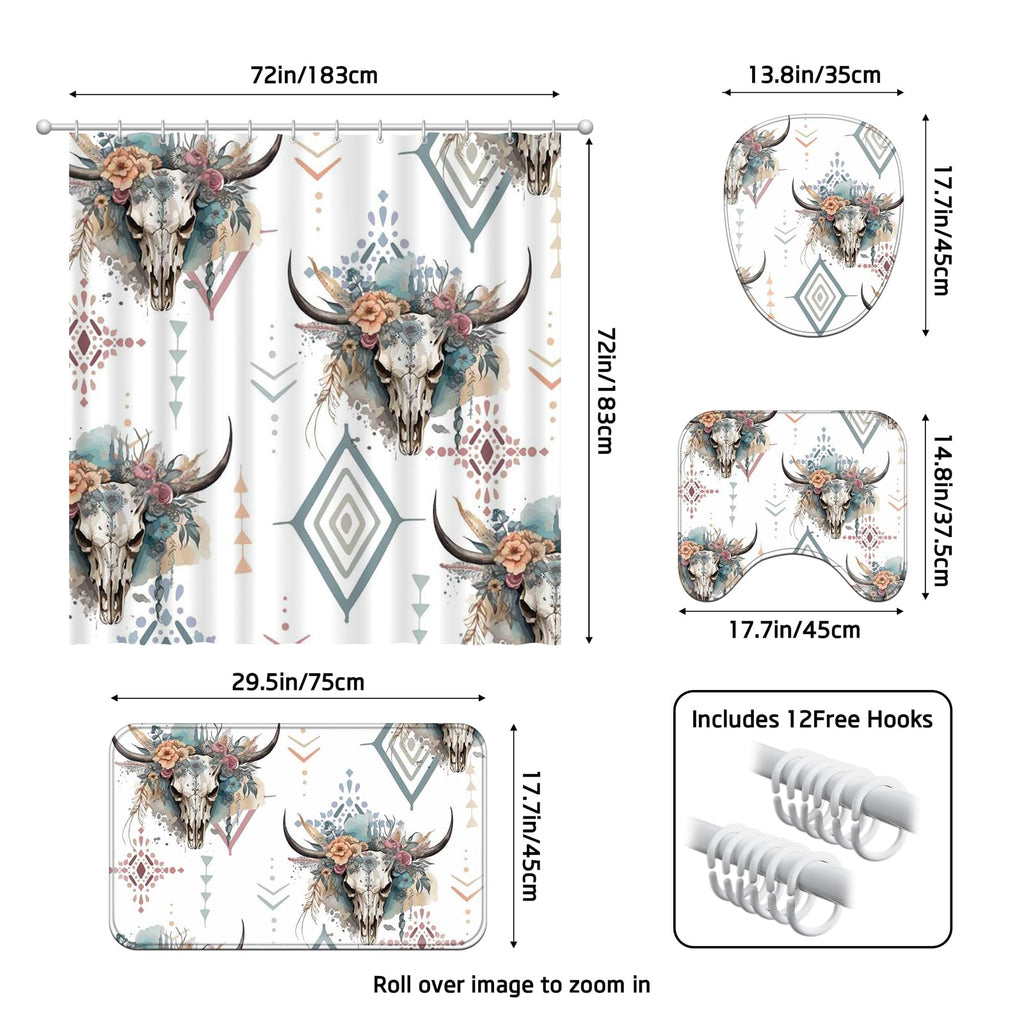 Ticuenicoa Western Cow Skull Shower Curtain Set, 4 Pcs 72x72 Inch Bathroom Decor with Bath Mat, U-Shape Rug, Toilet Lid Cover & 12 Rustic Hooks, Waterproof Anti-Slip Design
