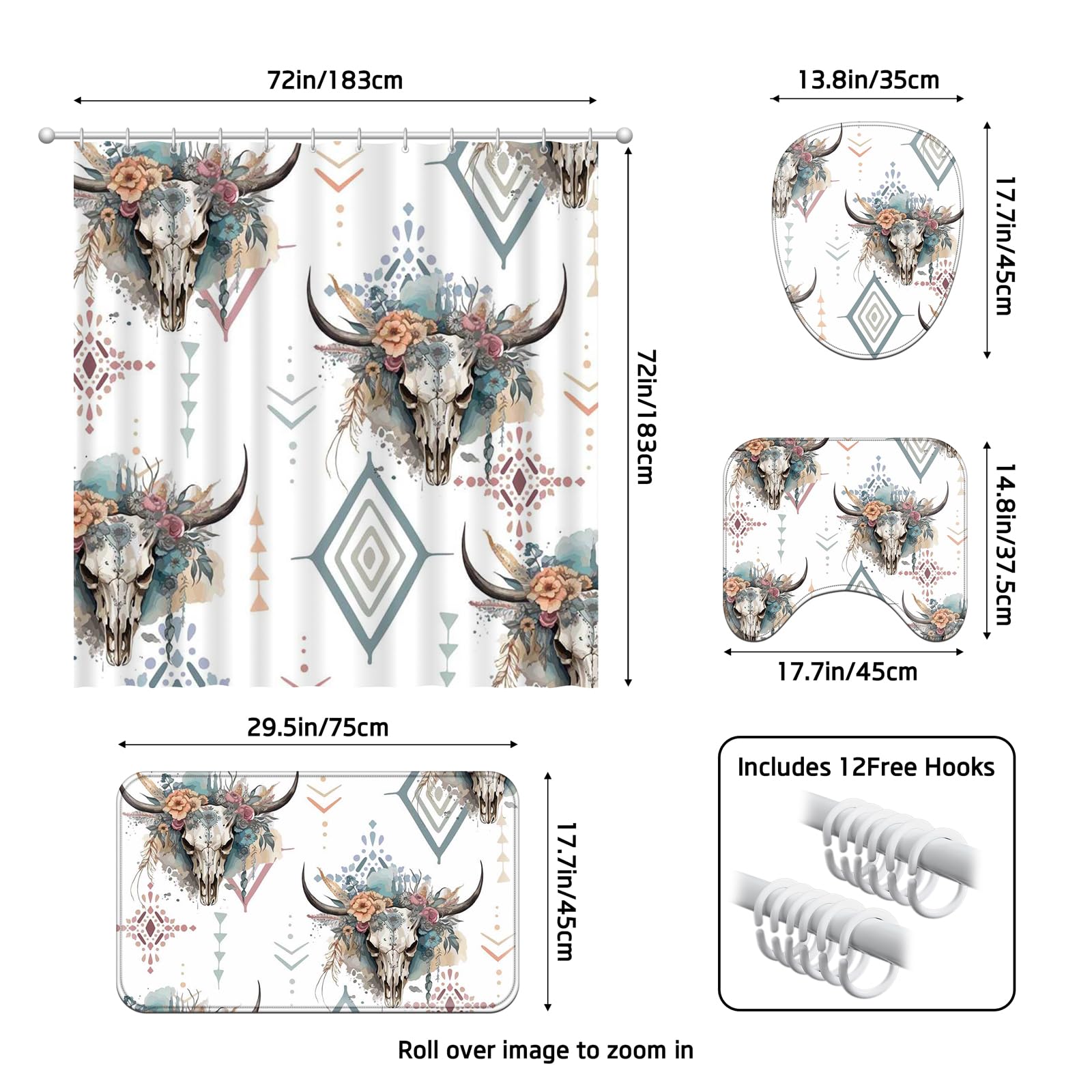 Ticuenicoa Western Cow Skull Shower Curtain Set, 4 Pcs 72x72 Inch Bathroom Decor with Bath Mat, U-Shape Rug, Toilet Lid Cover & 12 Rustic Hooks, Waterproof Anti-Slip Design