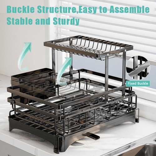 HANLE 2 Tier Dish Drying Rack - Large Extendable Dish Rack, 2-in-1 Anti-Rust Stainless Steel Dishrack for Kitchen Counter and Sink, Dish Strainer with Utensil Holder & Cup Holder(Black)