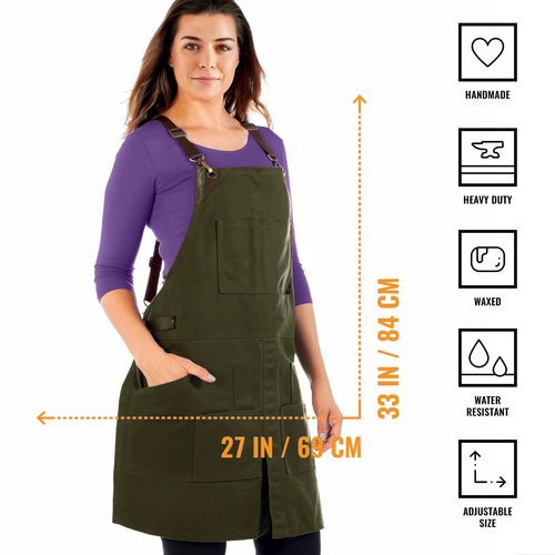 Under NY Sky Cargo Green Apron – Cross-Back with Leather Straps, Heavy-Duty Waxed Canvas and Split-Leg – Adjustable for Men and Women – Pro Woodworker, Mechanic, Blacksmith, Welder, Artist Aprons