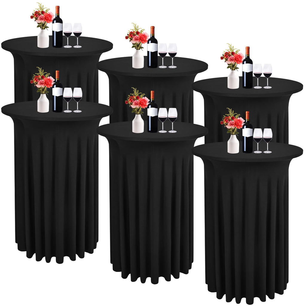 LOKUME 6 Pack Round Cocktail Table Skirts 32 x 43 Inch Black Spandex Cocktail Table Covers with Wavy Drapes Stretch Fitted Round High Top Tablecloths for Wedding Bar Party Banquet