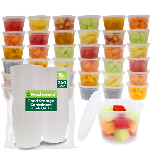 Freshware [240 Pack] 16 oz Food Storage Containers with Lids, Plastic Containers, Freezer Safe | Meal Prep | Stackable | Leakproof | BPA Free, Clear