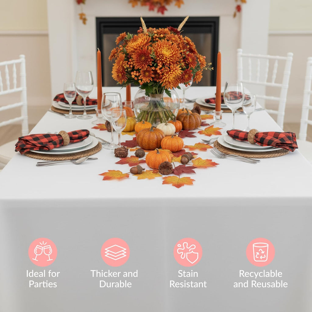 Prestee Disposable Plastic Table Cloths - Heavy-Duty Waterproof 108" x 54" White Rectangle Covers for Events
