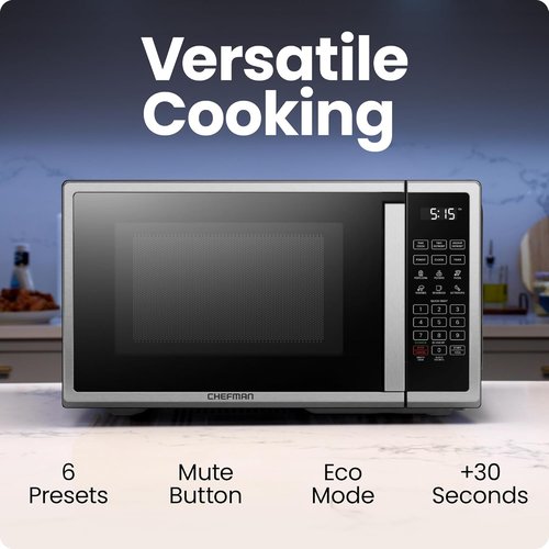 Chefman Microwave Oven - 0.7 Cu. Ft. Digital Stainless Steel | 700 Watts, 6 Auto Menus, Eco Mode, Child Safety Lock