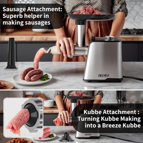 EBEAKA Electric Meat Grinder & Sausage Stuffer - Heavy Duty Mincer with 3 Plates, Kubbe Kit & Stainless Steel Blades for Home Kitchen