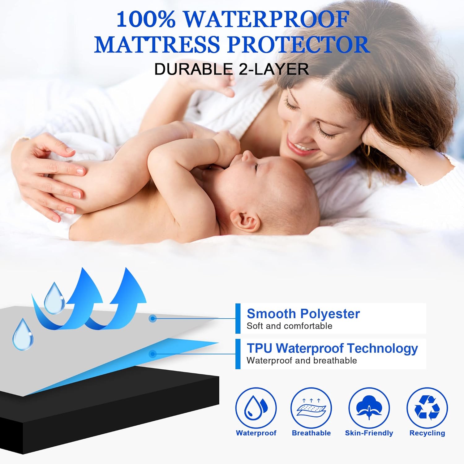 Sufdari Waterproof Mattress Protector - Twin Size Bed Cover with 18" Deep Pocket - Black