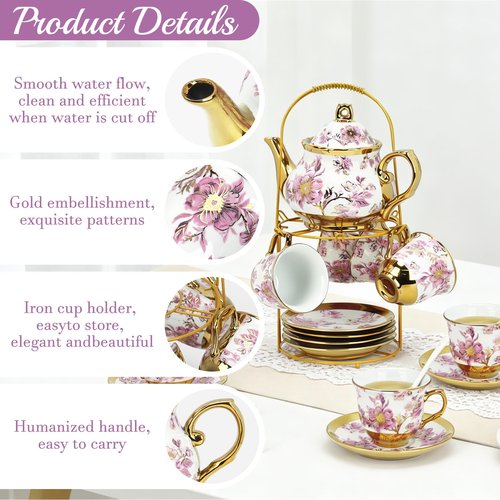 20 Pcs Porcelain Tea Set With Metal Holder,European Ceramic Tea Party Set for Adults,700ml Teapot,Beautiful Tea Cup Gift Sets for Home&Party (Cup-160ml)