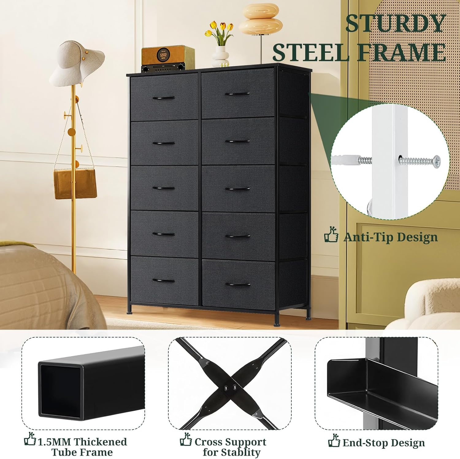 Regine Switzerland 10-Drawer Dresser - Anti-Tip Tall Storage Organizer with Wooden Top & Metal Frame | Black