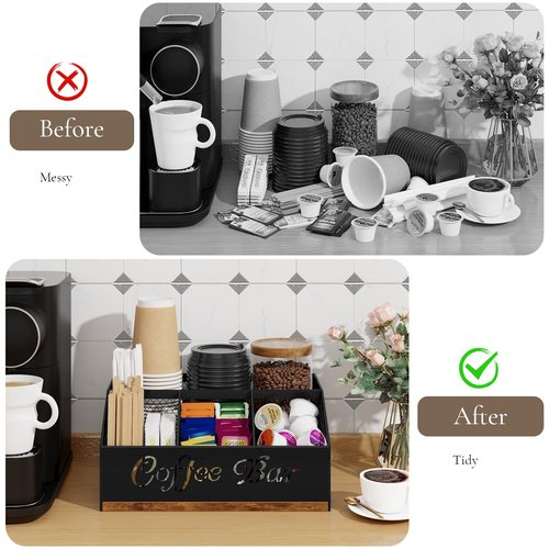 BCOZLUX Coffee Station Organizer, Rustic Brown Wooden Countertop Coffee Bar Accessories Organizer with Metal Mesh Compartments for Pods, Syrup, Cups, Stirrer, Tea