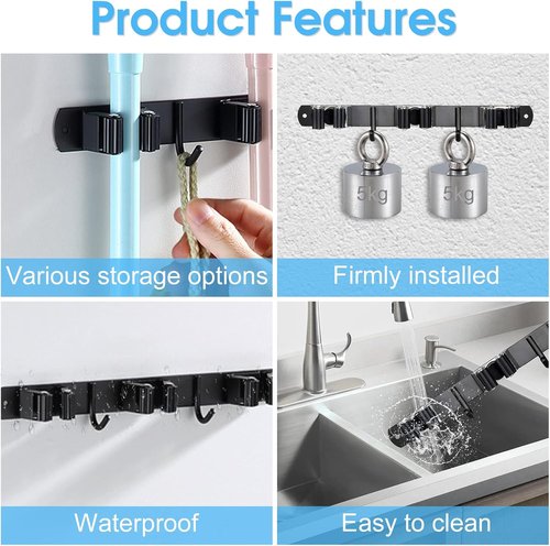 Huryfox Heavy-Duty Stainless Steel Broom Holder - Adjustable Wall Mount with 3 Racks & 2 Hooks | Black, Fits 1-4 cm Diameter