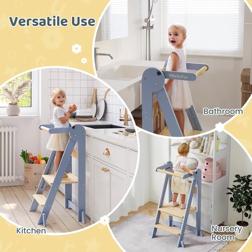 WeeGuruu Toddler Step Stool, Wooden Fold-able Standing Tower Kitchen Stool for Countertop, Bathroom, Montessori Kids Stool with Height Adjustable Platform for Ages 18 Mons to 6 Years Learning Skills