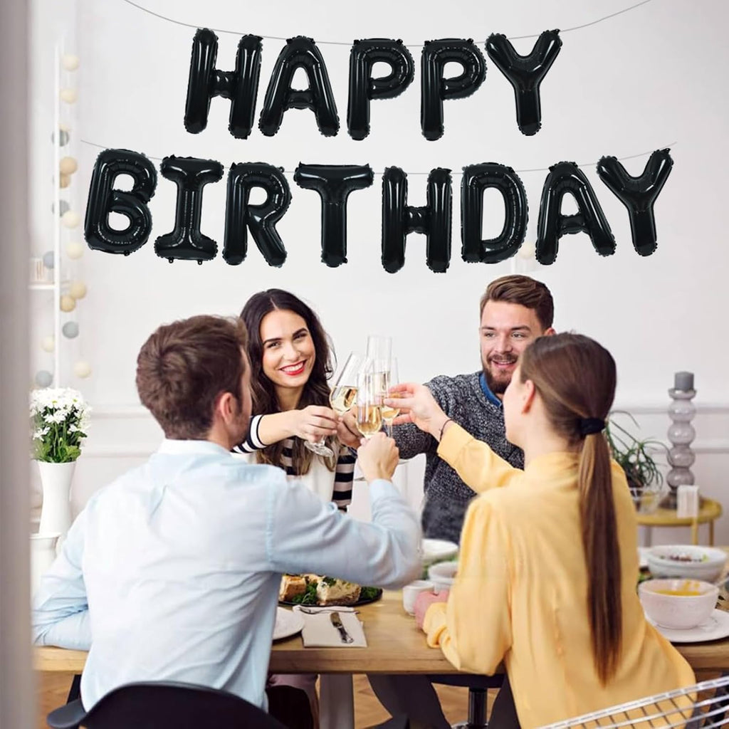 TONIFUL Black Happy Birthday Balloons Banner - 16 Inch Mylar Foil Letters for 30th, 40th, 50th, 60th Celebrations | Reusable Party Decor