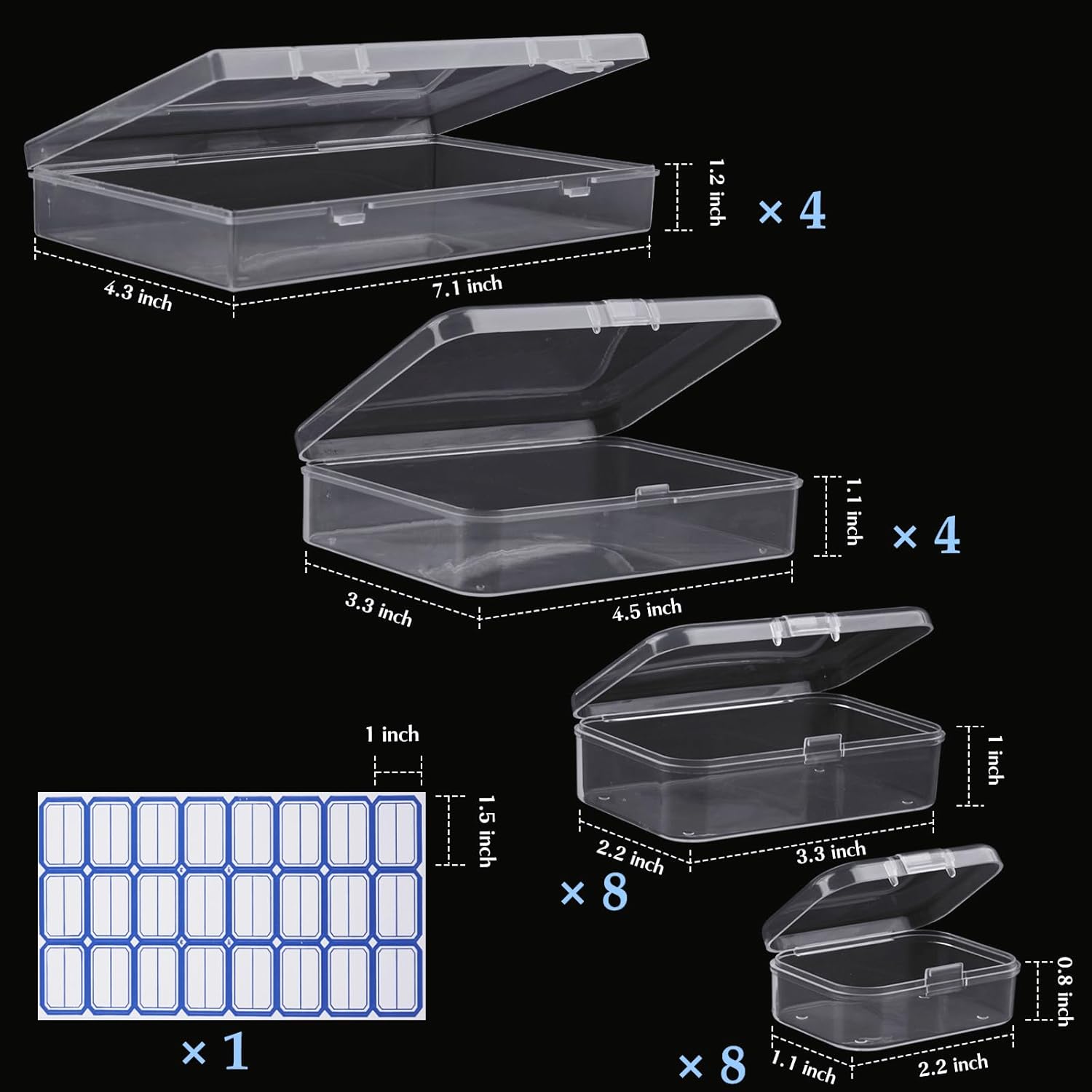 Regine Switzerland Mini Plastic Storage Containers - 24 Pack Clear Boxes with Hinged Lids & Labels for Crafts