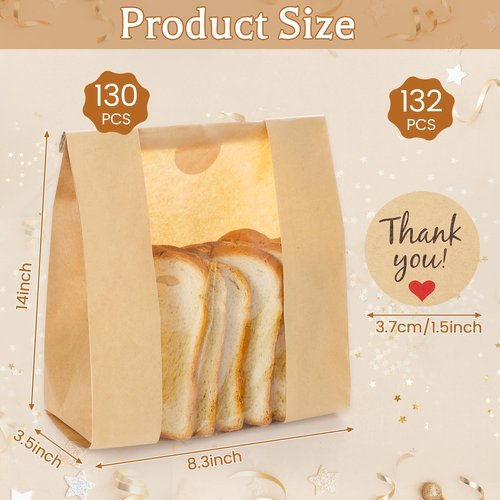 130 Pack Homemade Bread Sourdough Bags, 14" x 8.3" x 3.5" Large Paper Bread Bag with Tin Tie Tab Lock Clear Front Window Stickers for Bakery Storage Mothers Day Gifts