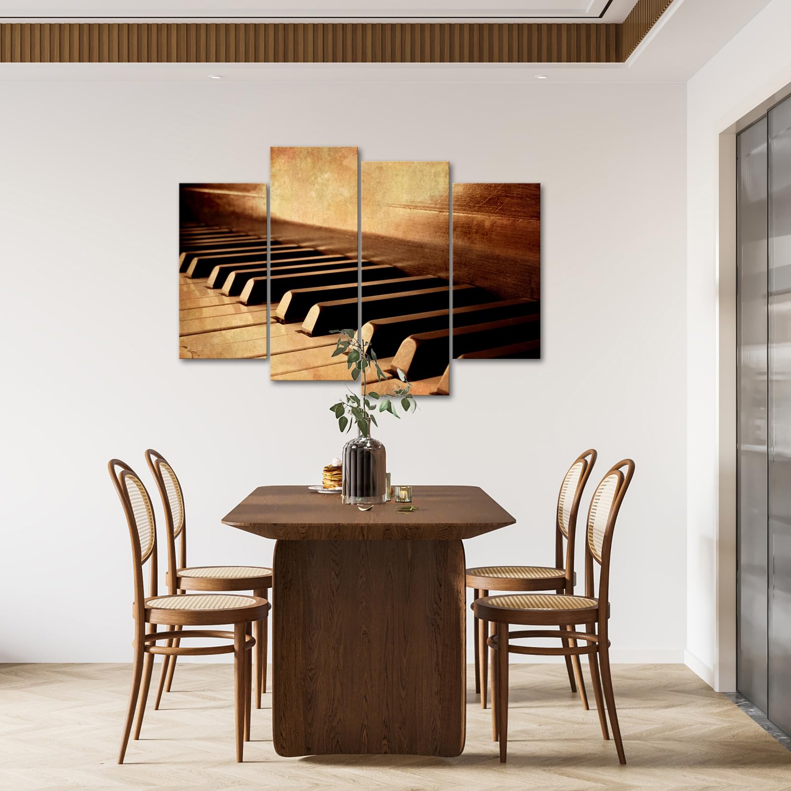 LevvArts - 4 Panels Piano Wall Art Canvas Sepia Brown Music Room Decor Piano Keys Pictures Prints Framed Ready to Hang